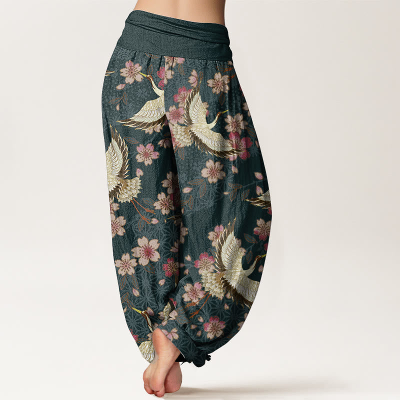 Buddha Stones純綿 鶴 桃の花柄 レディース 伸縮性ウエスト ハーレムパンツ