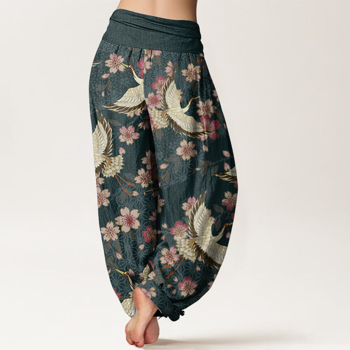 Buddha Stones純綿 鶴 桃の花柄 レディース 伸縮性ウエスト ハーレムパンツ