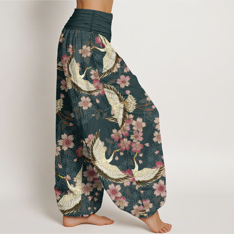 Buddha Stones純綿 鶴 桃の花柄 レディース 伸縮性ウエスト ハーレムパンツ