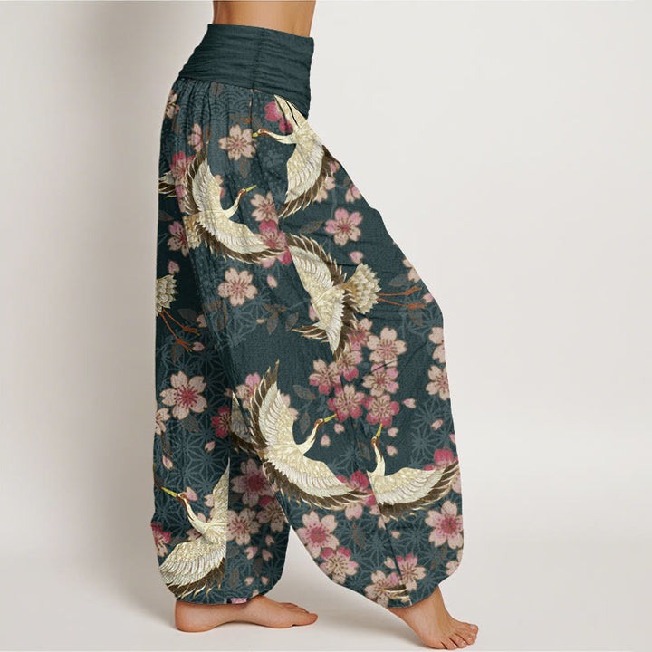 Buddha Stones純綿 鶴 桃の花柄 レディース 伸縮性ウエスト ハーレムパンツ
