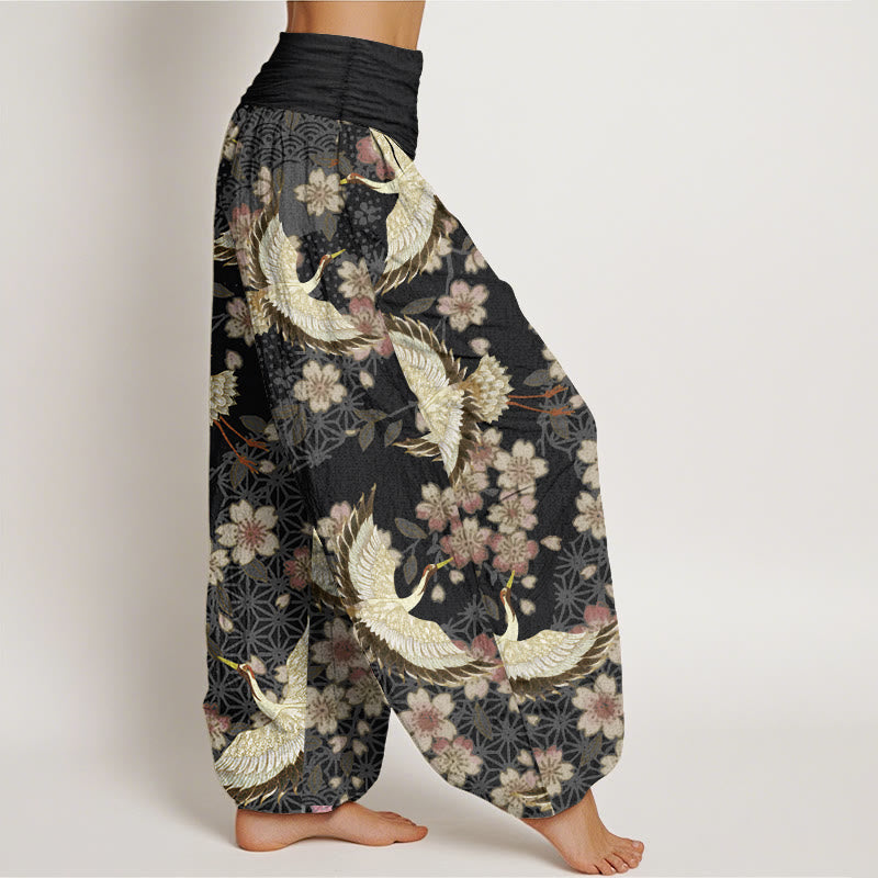Buddha Stones純綿 鶴 桃の花柄 レディース 伸縮性ウエスト ハーレムパンツ