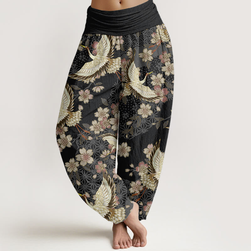 Buddha Stones純綿 鶴 桃の花柄 レディース 伸縮性ウエスト ハーレムパンツ