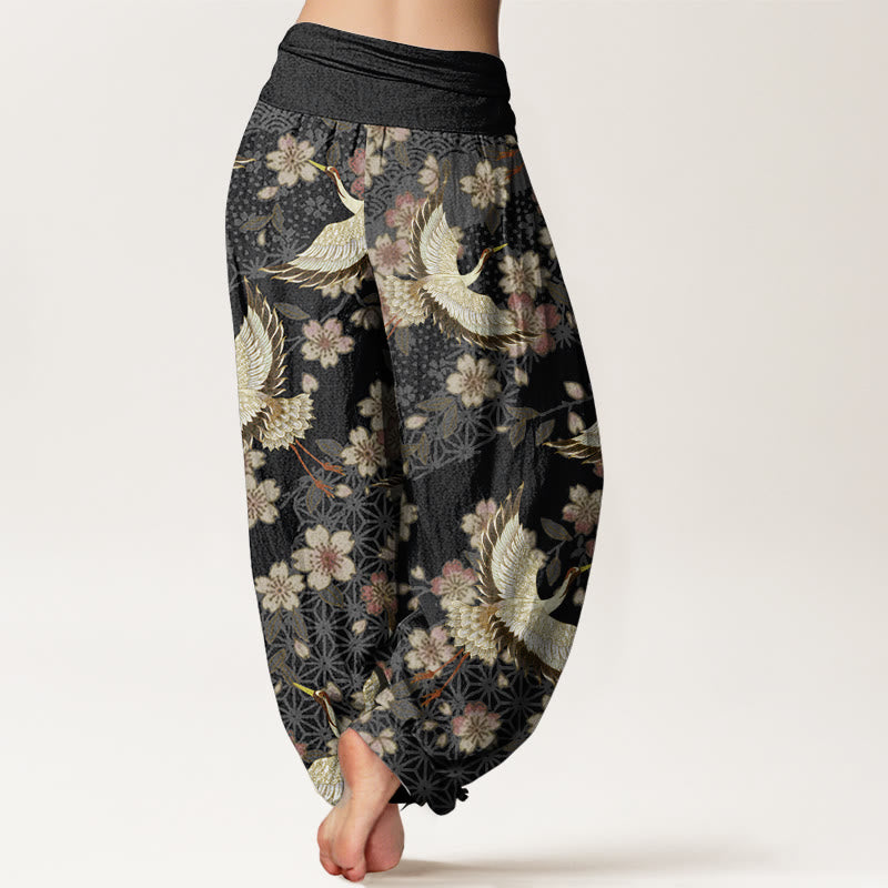 Buddha Stones純綿 鶴 桃の花柄 レディース 伸縮性ウエスト ハーレムパンツ