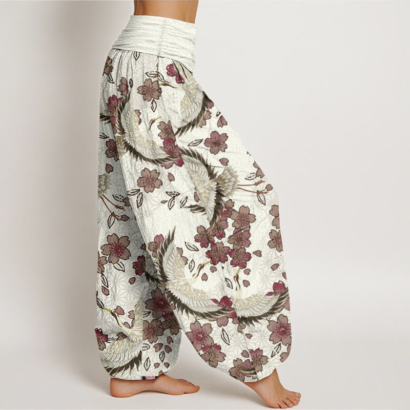 Buddha Stones純綿 鶴 桃の花柄 レディース 伸縮性ウエスト ハーレムパンツ