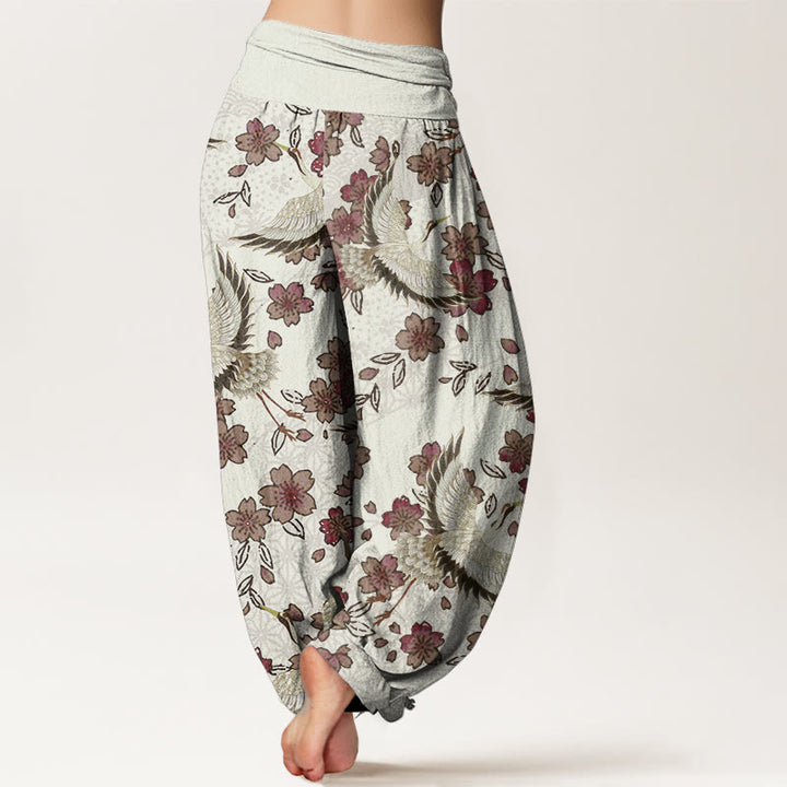 Buddha Stones純綿 鶴 桃の花柄 レディース 伸縮性ウエスト ハーレムパンツ