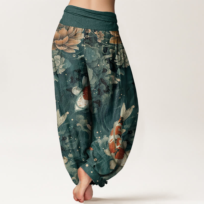 Buddha Stones純綿 カラフル 鯉 蓮の花 デザイン レディース 伸縮性ウエスト ハーレムパンツ - image 1