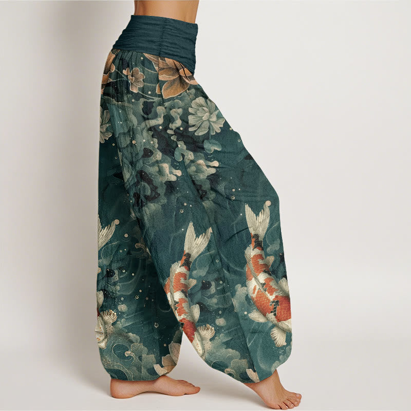Buddha Stones純綿 カラフル 鯉 蓮の花 デザイン レディース 伸縮性ウエスト ハーレムパンツ - image 2