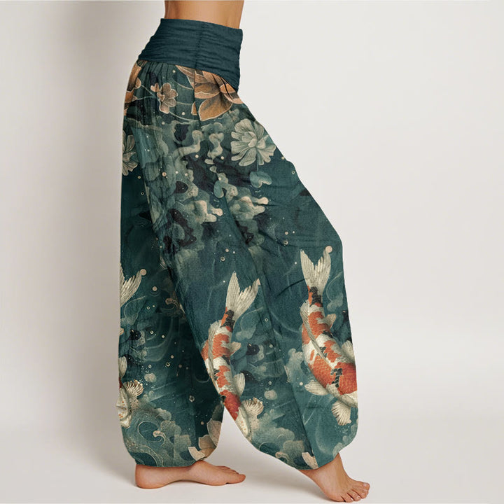 Buddha Stones純綿 カラフル 鯉 蓮の花 デザイン レディース 伸縮性ウエスト ハーレムパンツ - image 2