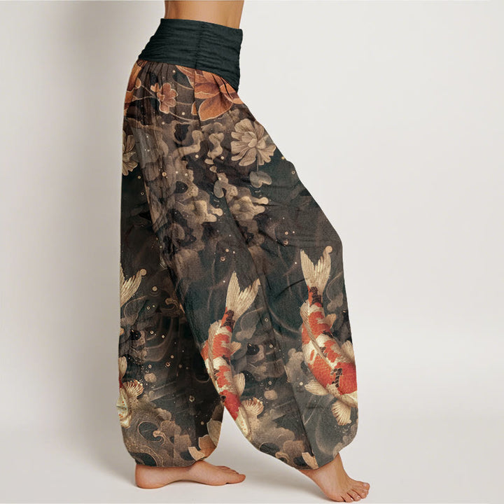 Buddha Stones純綿 カラフル 鯉 蓮の花 デザイン レディース 伸縮性ウエスト ハーレムパンツ - image 8