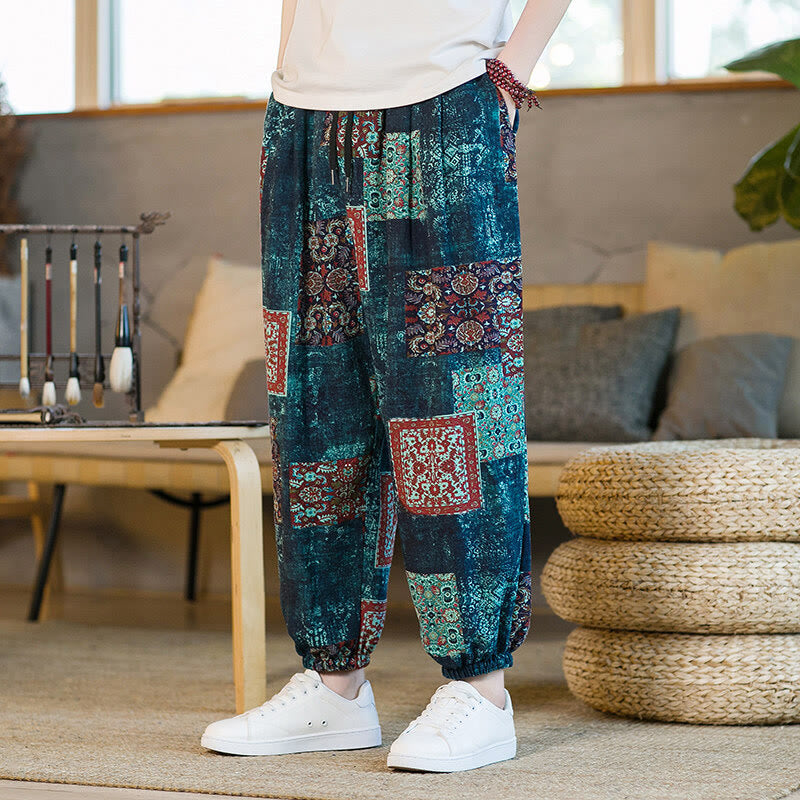 Buddha Stonesサマースクエアパッチワークコットンリネンメンズアンクル丈ハーレムパンツ（ポケット付き） - スティールブルー - US/UK/AU46、 EU56 (5XL) - image 31