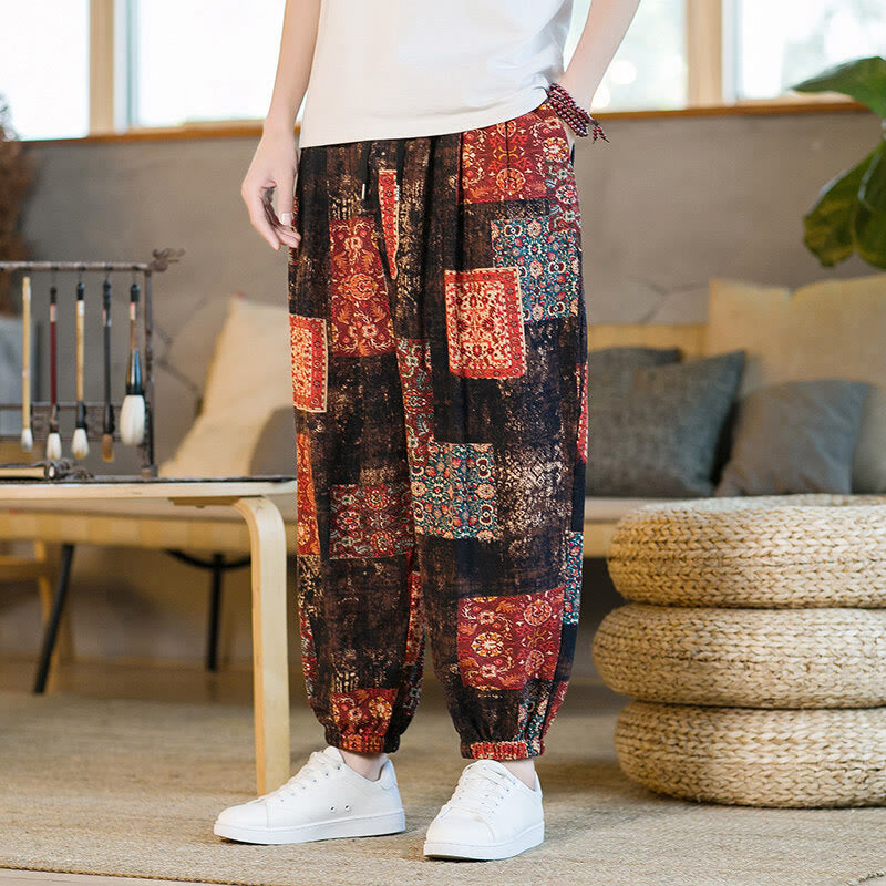 Buddha Stonesサマースクエアパッチワークコットンリネンメンズアンクル丈ハーレムパンツ（ポケット付き） - ロージーブラウン - US/UK/AU46、 EU56 (5XL) - image 0