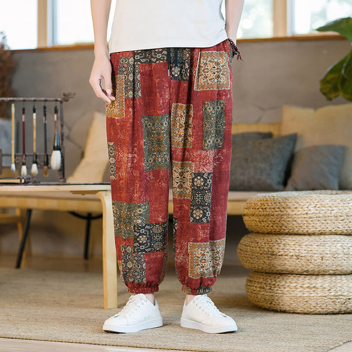 Buddha Stonesサマースクエアパッチワークコットンリネンメンズアンクル丈ハーレムパンツ（ポケット付き） - image 10