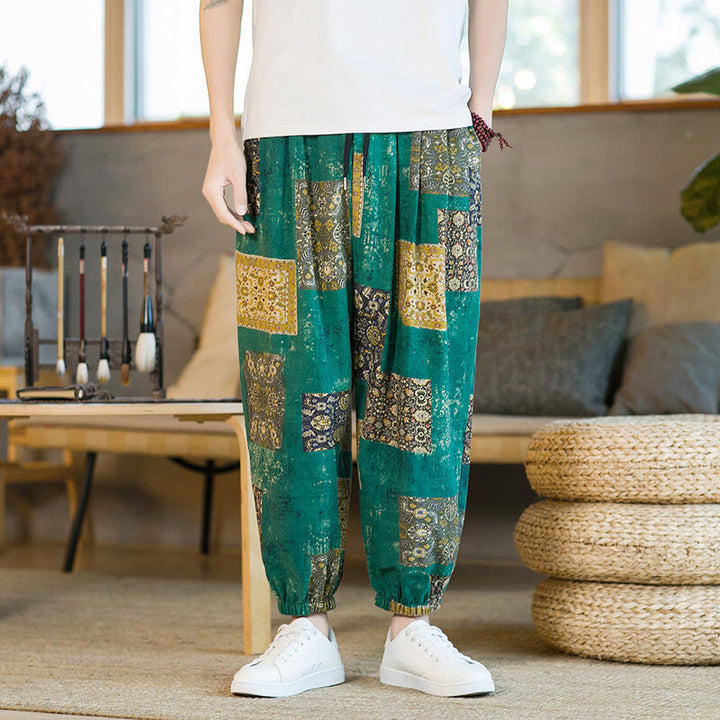 Buddha Stonesサマースクエアパッチワークコットンリネンメンズアンクル丈ハーレムパンツ（ポケット付き） - image 19