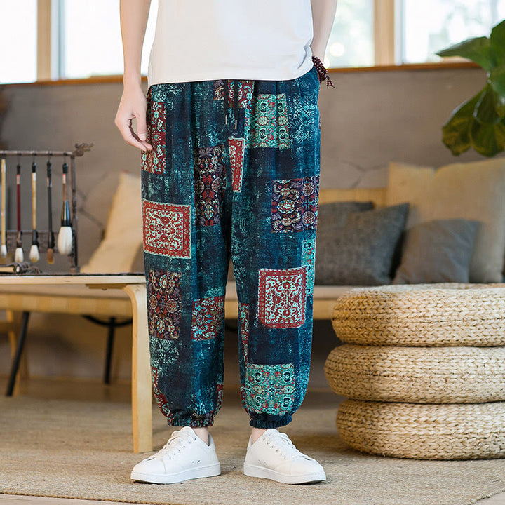 Buddha Stonesサマースクエアパッチワークコットンリネンメンズアンクル丈ハーレムパンツ（ポケット付き） - image 32