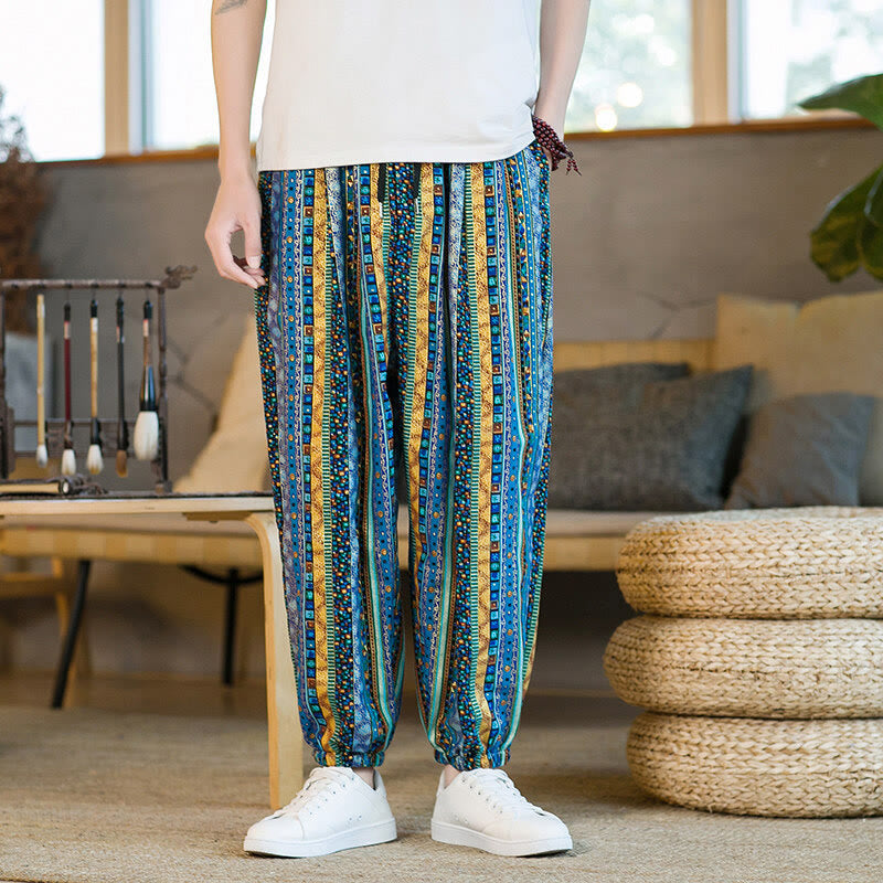 Buddha Stonesのカラフルなストライプ柄コットンリネンメンズアンクル丈ハーレムパンツ（ポケット付き） - image 1