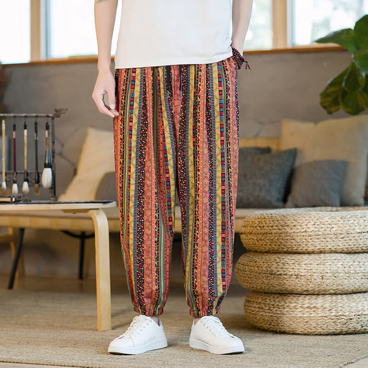 Buddha Stonesのカラフルなストライプ柄コットンリネンメンズアンクル丈ハーレムパンツ（ポケット付き） - ダークサーモン - US/UK/AU46、 EU56 (5XL) - image 10