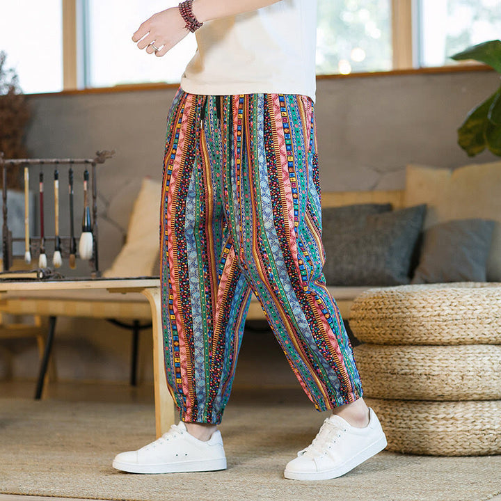 Buddha Stonesのカラフルなストライプ柄コットンリネンメンズアンクル丈ハーレムパンツ（ポケット付き） - image 20