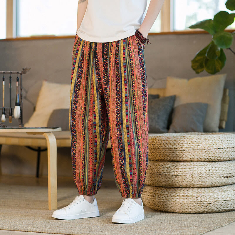 Buddha Stonesのカラフルなストライプ柄コットンリネンメンズアンクル丈ハーレムパンツ（ポケット付き） - image 11