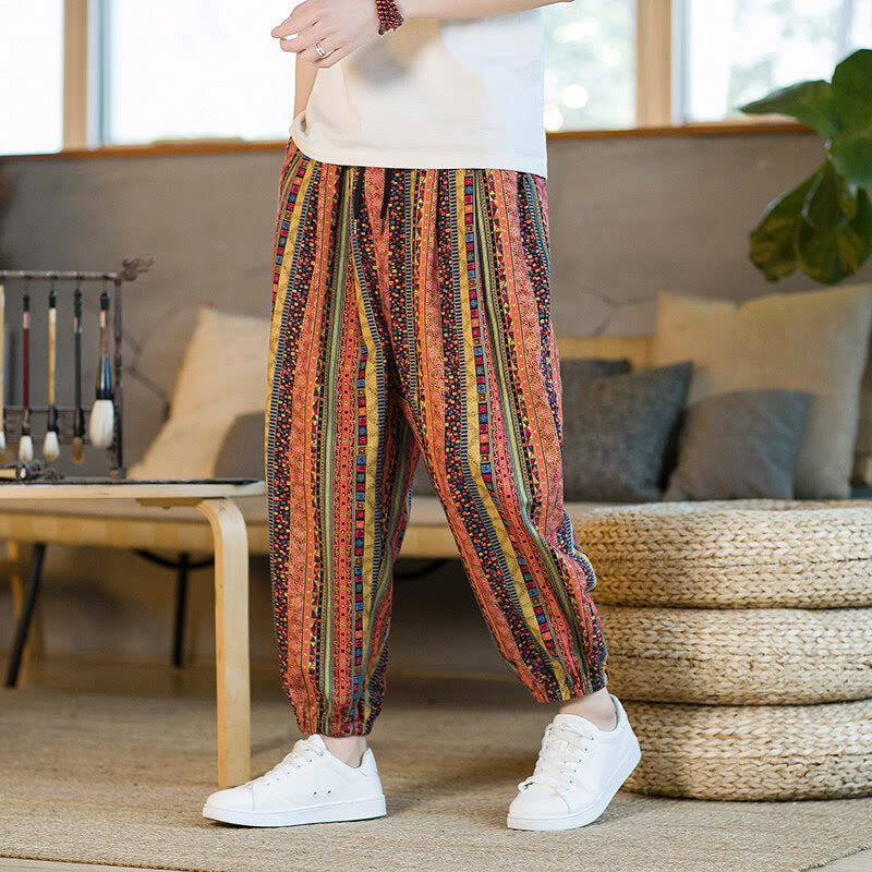 Buddha Stonesのカラフルなストライプ柄コットンリネンメンズアンクル丈ハーレムパンツ（ポケット付き） - image 12