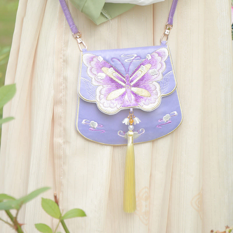 Buddha Stonesと幸運の刺繍、蓮と鯉とウサギの花の漢服バッグ、斜め掛けバッグ、ショルダーバッグ - 紫の蝶 - image 23