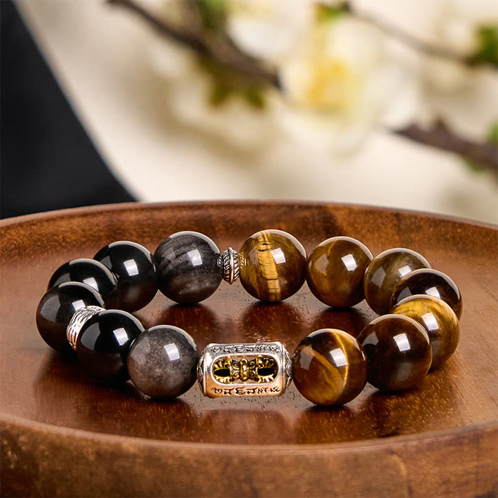 Buddha Stones天然銀光沢黒曜石タイガーアイ金剛杵守護ブレスレット