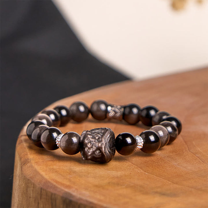 Buddha Stones天然銀光沢黒曜石獅子舞守護ブレスレット