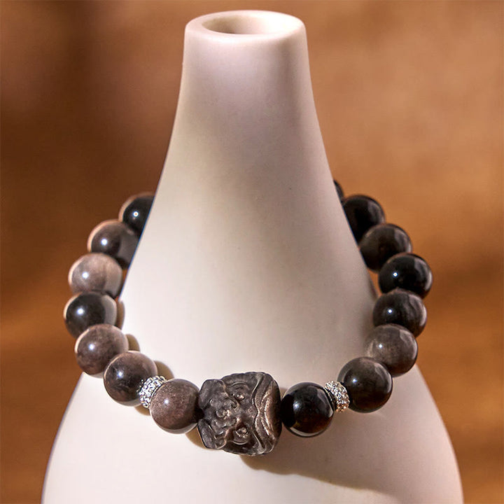 Buddha Stones天然銀光沢黒曜石獅子舞守護ブレスレット