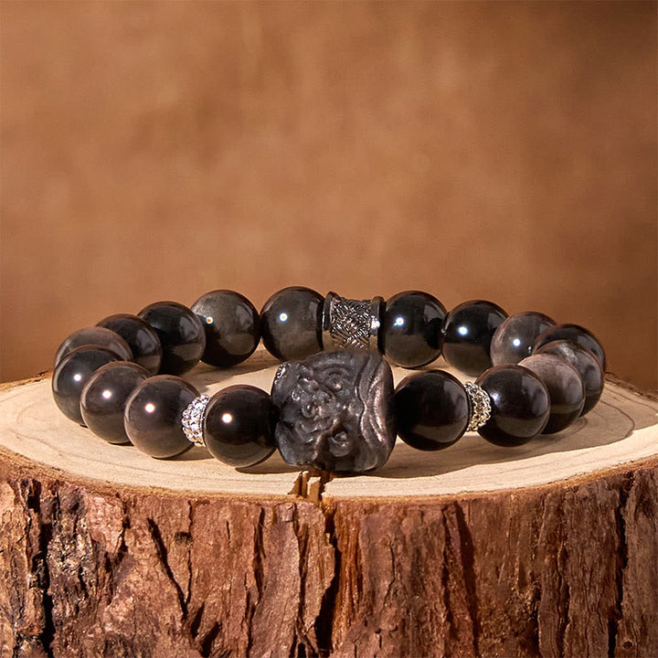 Buddha Stones天然銀光沢黒曜石獅子舞守護ブレスレット