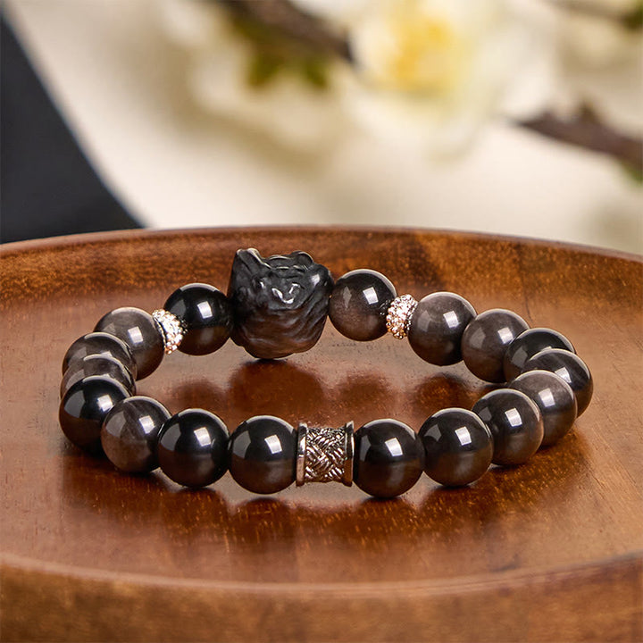 Buddha Stones天然銀光沢黒曜石獅子舞守護ブレスレット