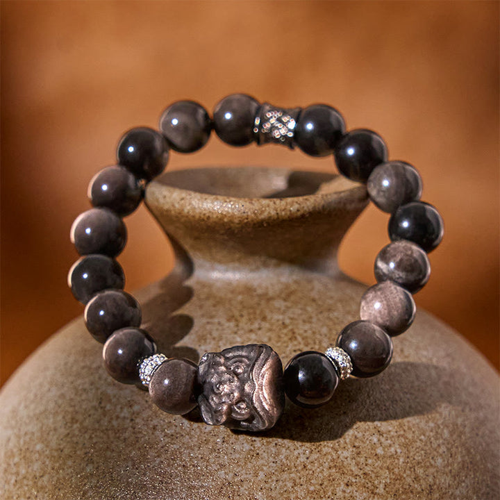 Buddha Stones天然銀光沢黒曜石獅子舞守護ブレスレット