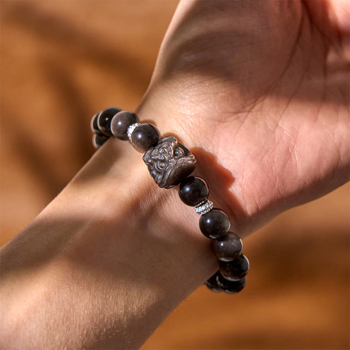 Buddha Stones天然銀光沢黒曜石獅子舞守護ブレスレット