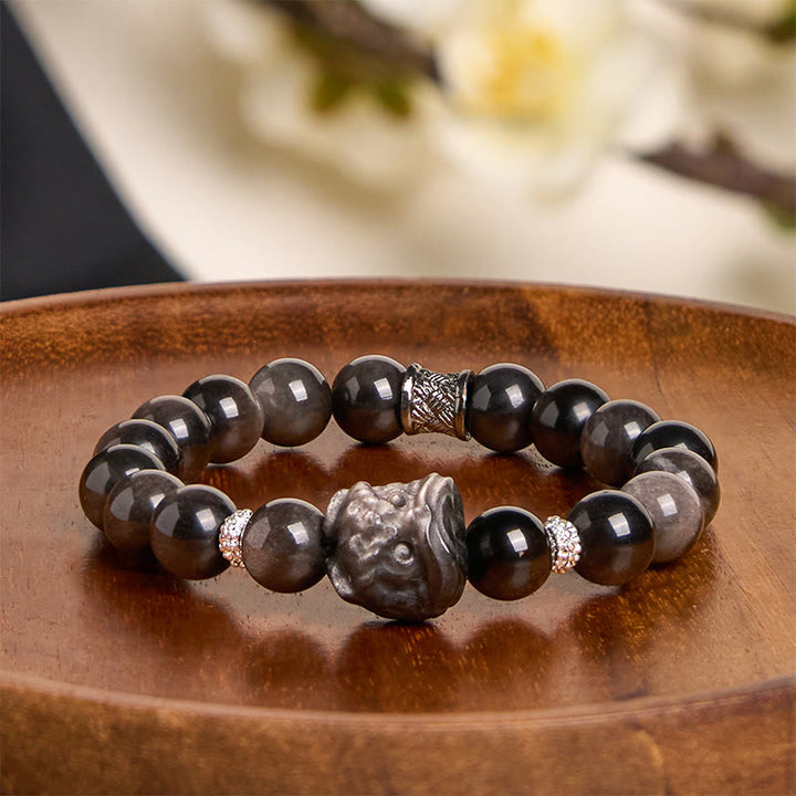 Buddha Stones天然銀光沢黒曜石獅子舞守護ブレスレット
