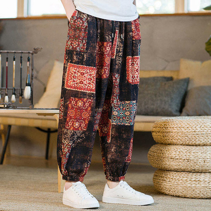 Buddha Stonesサマースクエアパッチワークコットンリネンメンズアンクル丈ハーレムパンツ（ポケット付き） - image 4
