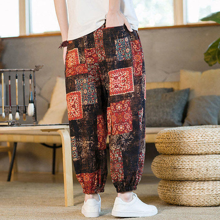 Buddha Stonesサマースクエアパッチワークコットンリネンメンズアンクル丈ハーレムパンツ（ポケット付き） - image 3