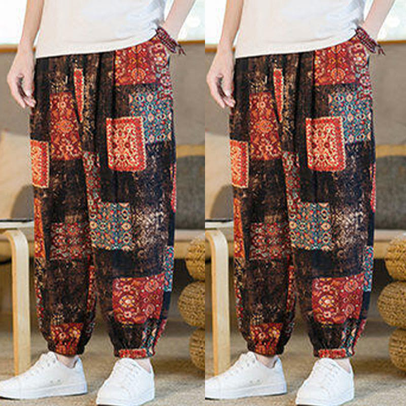 Buddha Stonesサマースクエアパッチワークコットンリネンメンズアンクル丈ハーレムパンツ（ポケット付き） - image 8