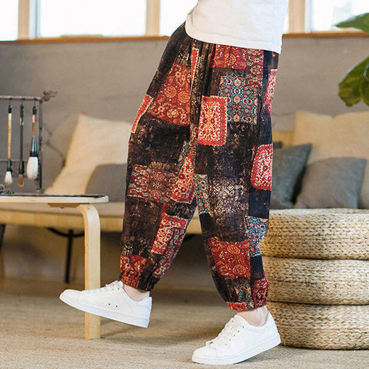 Buddha Stonesサマースクエアパッチワークコットンリネンメンズアンクル丈ハーレムパンツ（ポケット付き） - image 7