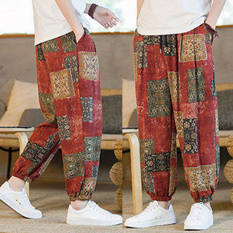 Buddha Stonesサマースクエアパッチワークコットンリネンメンズアンクル丈ハーレムパンツ（ポケット付き） - image 17