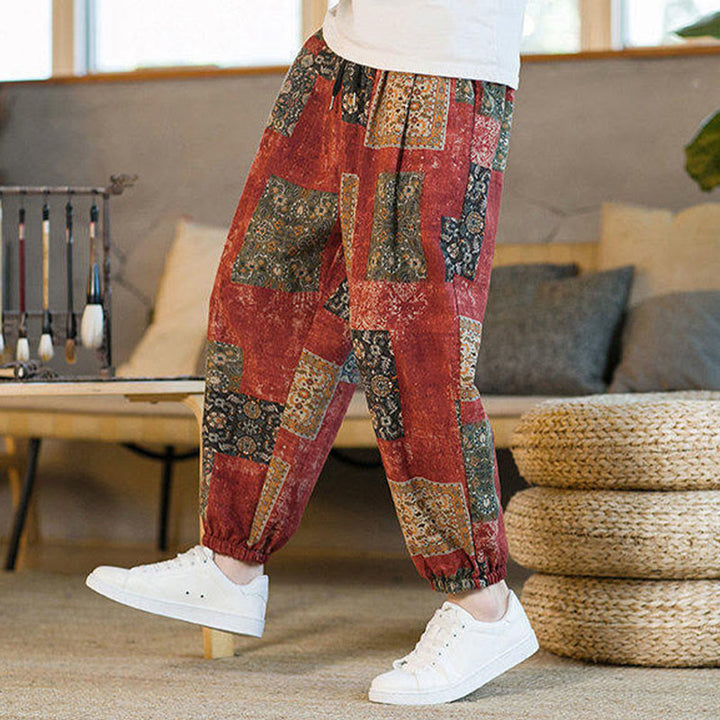 Buddha Stonesサマースクエアパッチワークコットンリネンメンズアンクル丈ハーレムパンツ（ポケット付き） - image 15