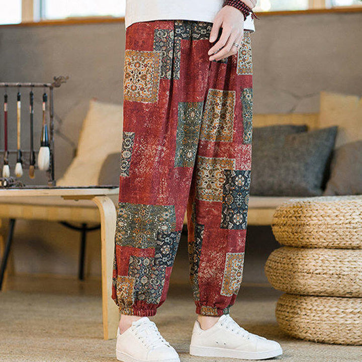 Buddha Stonesサマースクエアパッチワークコットンリネンメンズアンクル丈ハーレムパンツ（ポケット付き） - image 12