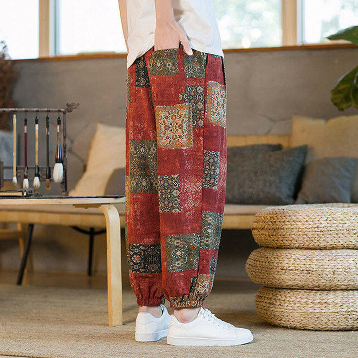 Buddha Stonesサマースクエアパッチワークコットンリネンメンズアンクル丈ハーレムパンツ（ポケット付き） - image 13