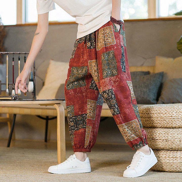 Buddha Stonesサマースクエアパッチワークコットンリネンメンズアンクル丈ハーレムパンツ（ポケット付き） - image 14