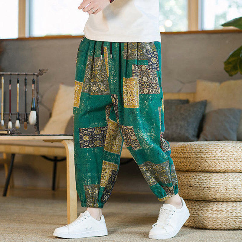 Buddha Stonesサマースクエアパッチワークコットンリネンメンズアンクル丈ハーレムパンツ（ポケット付き） - image 20