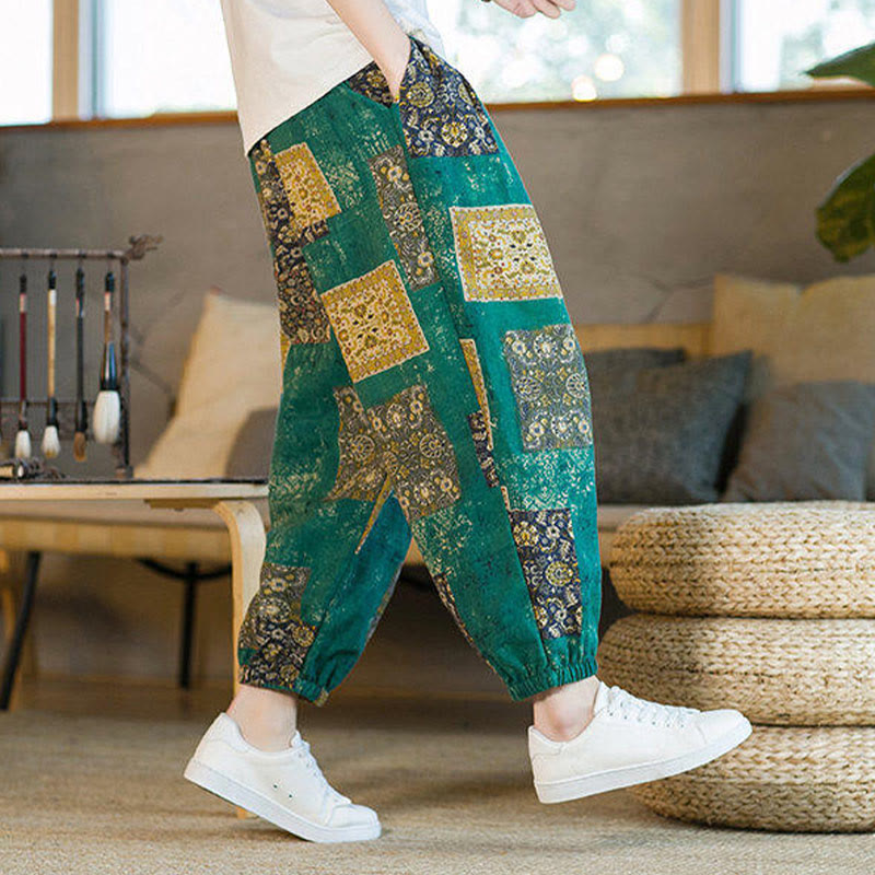 Buddha Stonesサマースクエアパッチワークコットンリネンメンズアンクル丈ハーレムパンツ（ポケット付き） - image 24