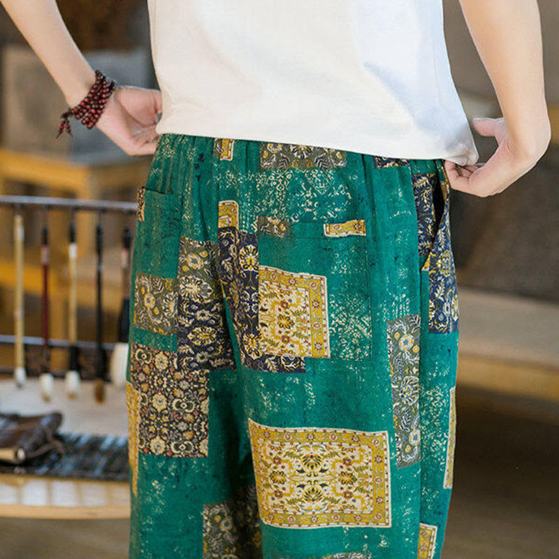 Buddha Stonesサマースクエアパッチワークコットンリネンメンズアンクル丈ハーレムパンツ（ポケット付き） - image 25