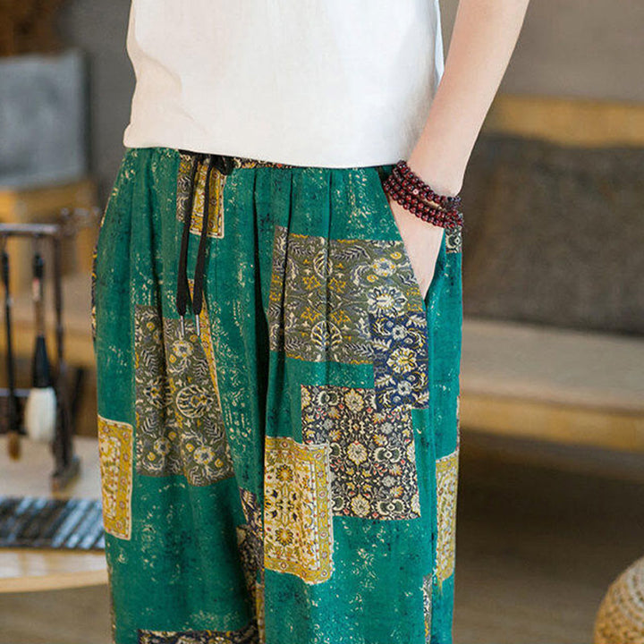 Buddha Stonesサマースクエアパッチワークコットンリネンメンズアンクル丈ハーレムパンツ（ポケット付き） - image 27