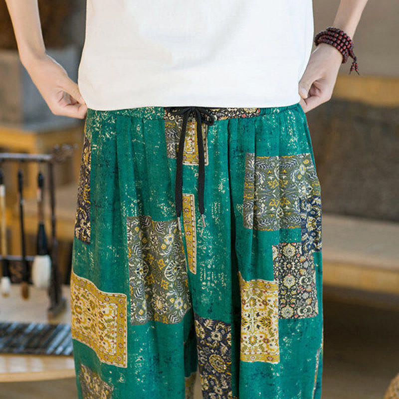 Buddha Stonesサマースクエアパッチワークコットンリネンメンズアンクル丈ハーレムパンツ（ポケット付き） - image 26