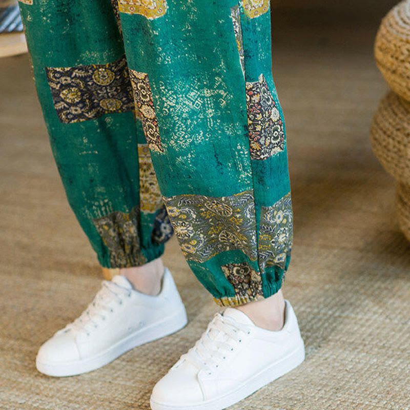 Buddha Stonesサマースクエアパッチワークコットンリネンメンズアンクル丈ハーレムパンツ（ポケット付き） - image 28