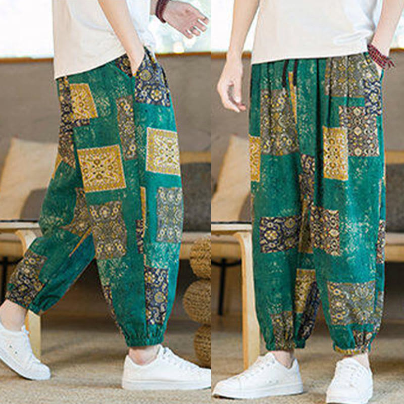 Buddha Stonesサマースクエアパッチワークコットンリネンメンズアンクル丈ハーレムパンツ（ポケット付き） - image 30