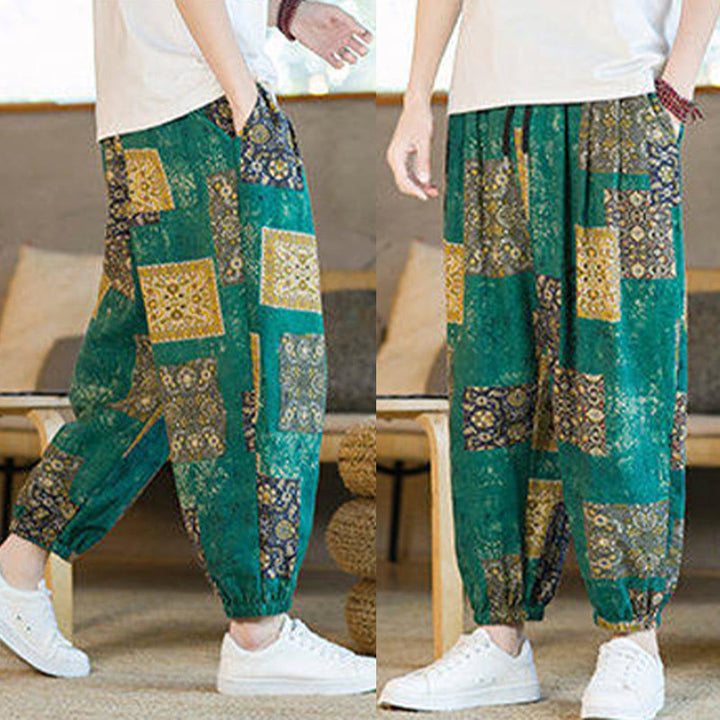 Buddha Stonesサマースクエアパッチワークコットンリネンメンズアンクル丈ハーレムパンツ（ポケット付き） - image 30
