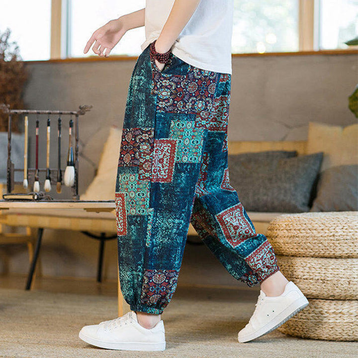 Buddha Stonesサマースクエアパッチワークコットンリネンメンズアンクル丈ハーレムパンツ（ポケット付き） - image 34